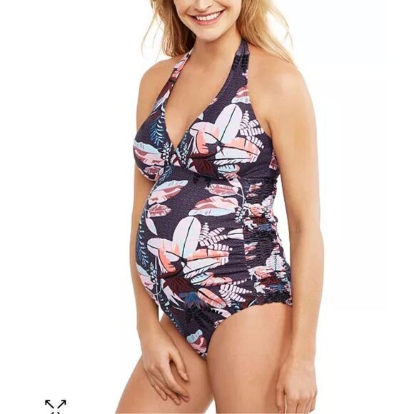 Motherhood Maternity Smocked Waist Halter One-Piece Swimsuit Medium - Picture 1 of 5